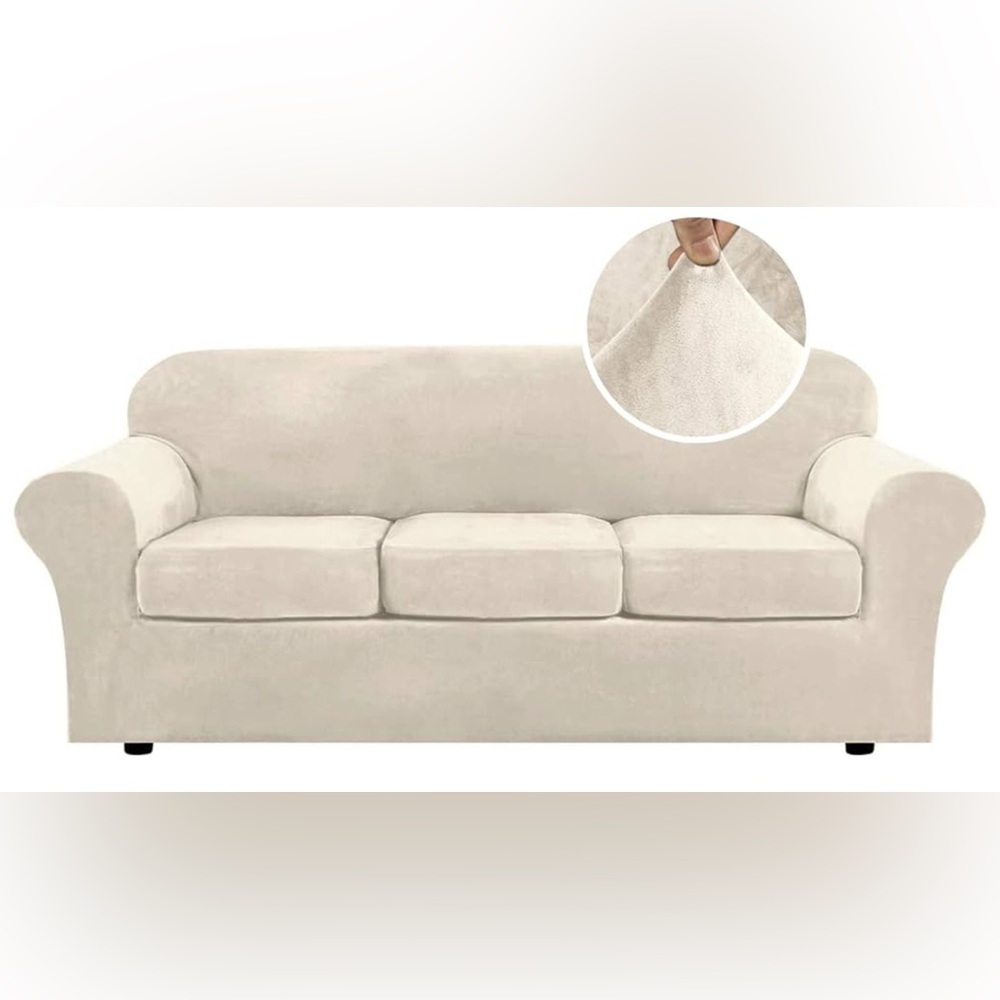 Ivory Modern Velvet Plush High Stretch Sofa Slipcover for 3 Cushion Couch